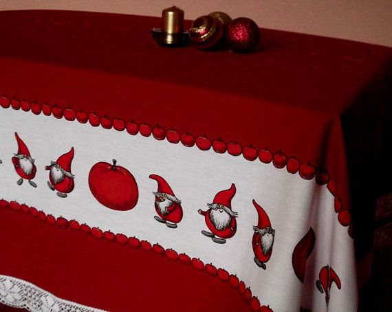 Wedding - Christmas Table Decor Red Tablecloth with Gnomes 