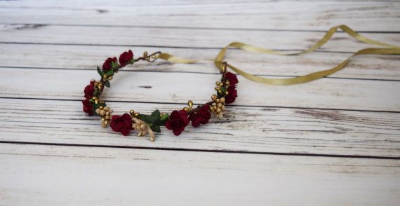 زفاف - Burgundy and Gold Flower Crown