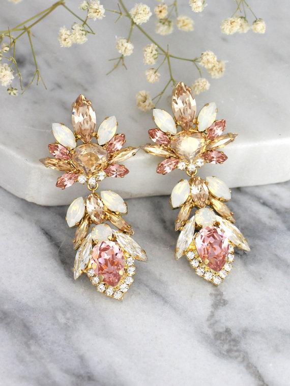 زفاف - Blush Earrings, Champagne Blush Earrings, Bridal Earrings, Statement Earrings,Antique Pink Earrings,Long Dangle Blush Earrings,Blush Jewelry