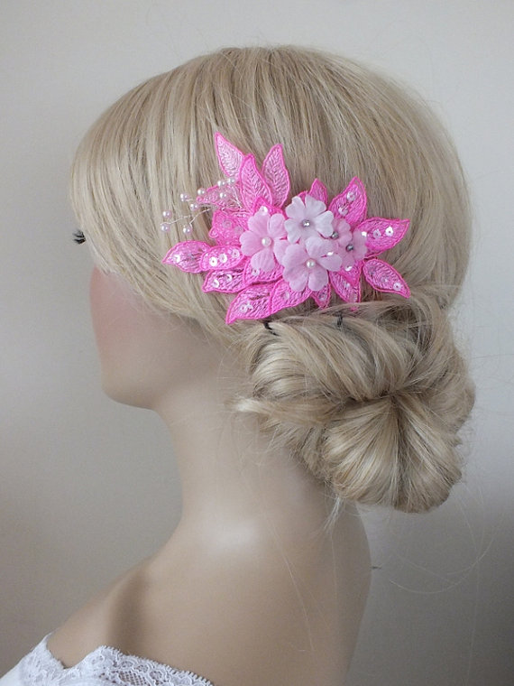 زفاف - Bridal lace Hair comb pink lace floral wedding comb hair piece bride hair comb Handmade Free ship