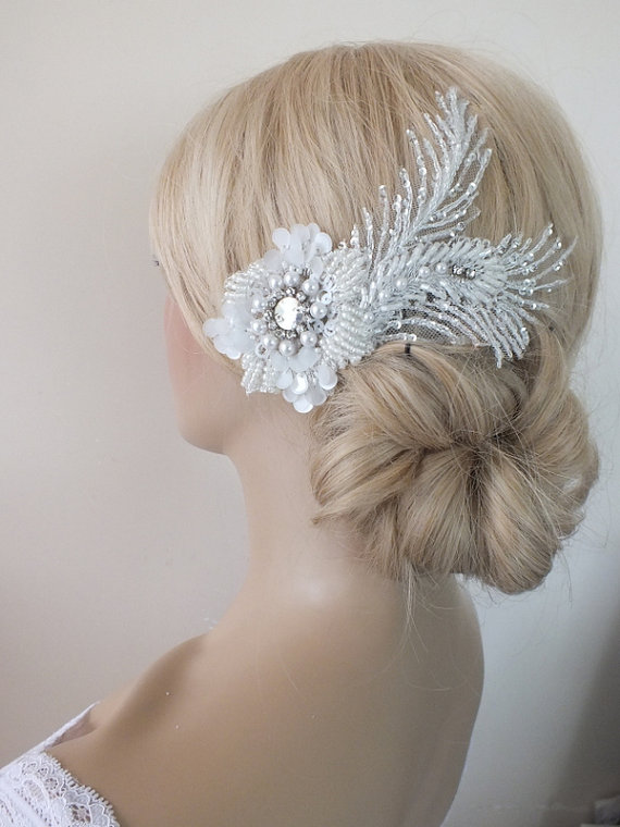 Wedding - Bridal lace haircomb ivory lace Hair comb Ivory Beaded lace floral wedding hair piece bride hair comb