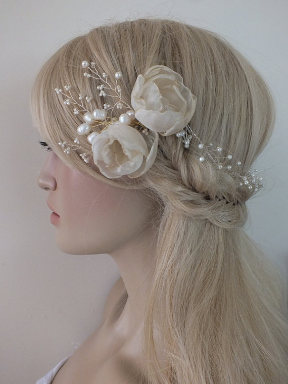 Wedding - Bridal floral hair vine, crystals flowers hair vine, wedding headpiece, bridal wreath, pearls and crystals twisted on wire,