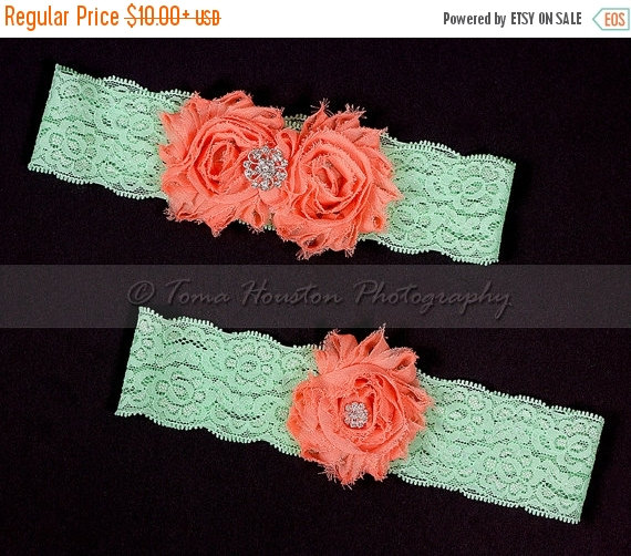 Mariage - 25 PERCENT OFF Bridal, Wedding Garter Set- Coral Shabby Chiffon Flowers, Mint Green Lace