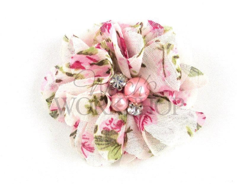 زفاف - Pink Floral - Set of 3 Petite 2" Chiffon Flowers w/ Pearl & Rhinestone Centers - PPR-089