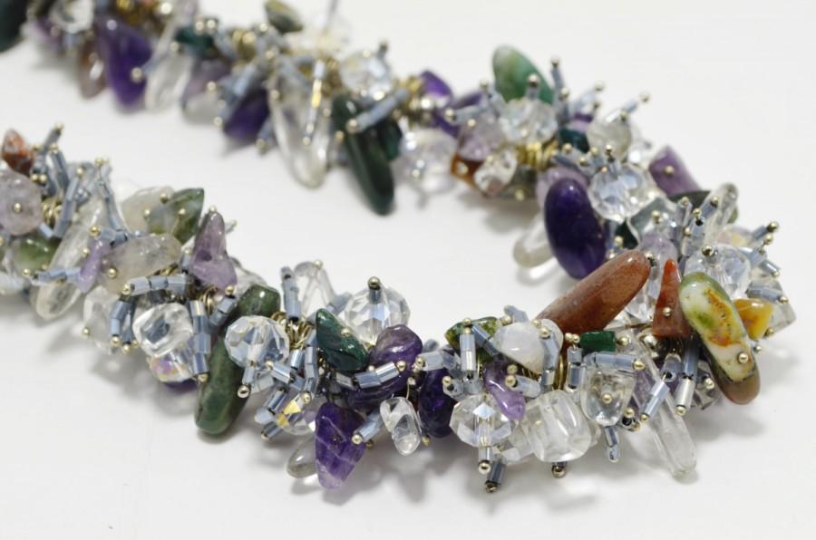 زفاف - Multicolour Gemstone Statement Necklace; Jasper, Amethyst and Rock Crystal Holiday Beaded Necklace; Fashion Wirework Necklace; Gift for Her