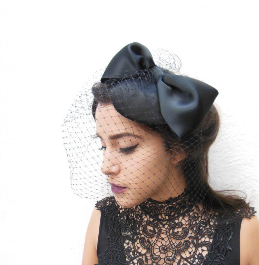 زفاف - Black Birdcage Veil, Giant Bow, Women's Hat, Black Fascinator, Hair Accessory, Wedding Veil, Classic Bridal, Victorian Costume, Romantic
