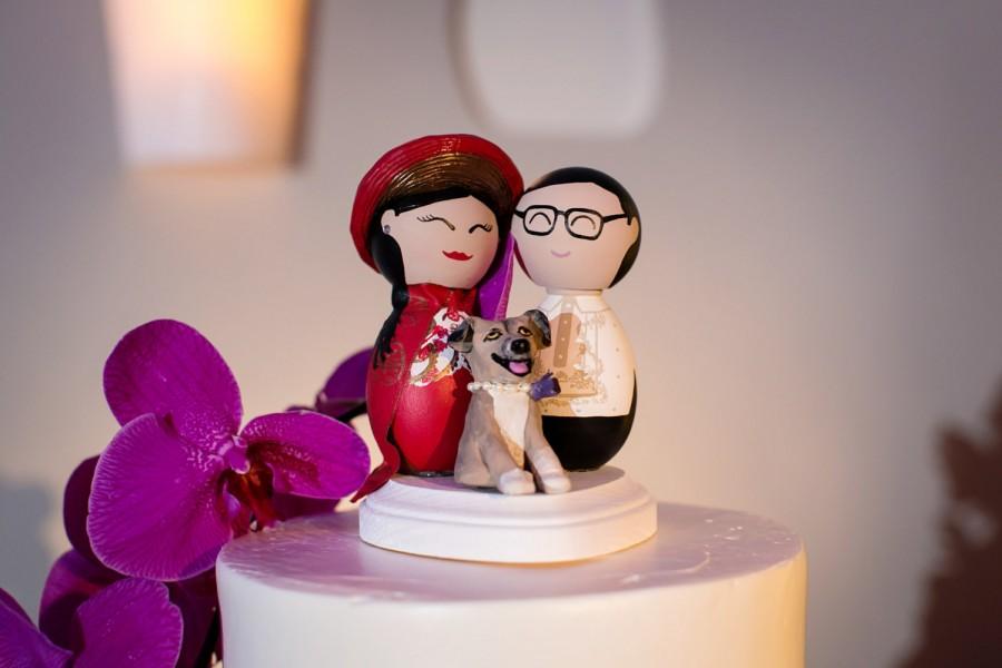 Mariage - Custom Vietnamese Bride and Filipino Groom Cake Topper with Custom Dog