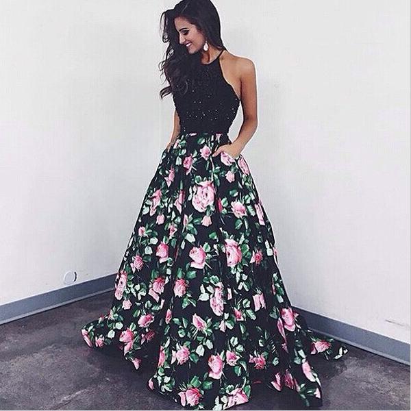 زفاف - Laura Mara Same Style Prom Dress Black Ball Gown Beaded with Rose Print