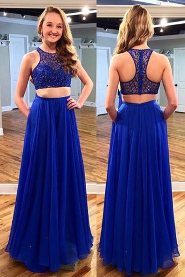 زفاف - Elegant Two-piece Royal blue Scoop A-line Prom Party Dress with Beading
