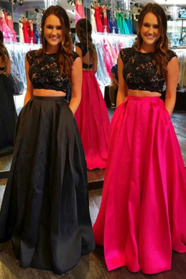 Wedding - Honorable Jewel Two-piece Cap Sleeves Open Back Floor-Length Prom Dress with Pocket