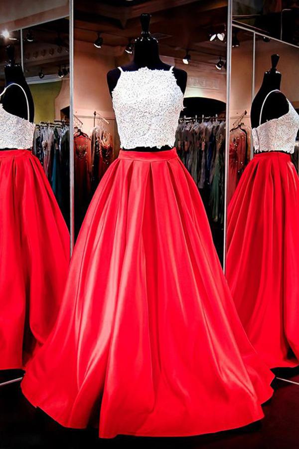 زفاف - Gorgeous Two-piece Square Neck Red Floor-Length Prom Dress with Lace