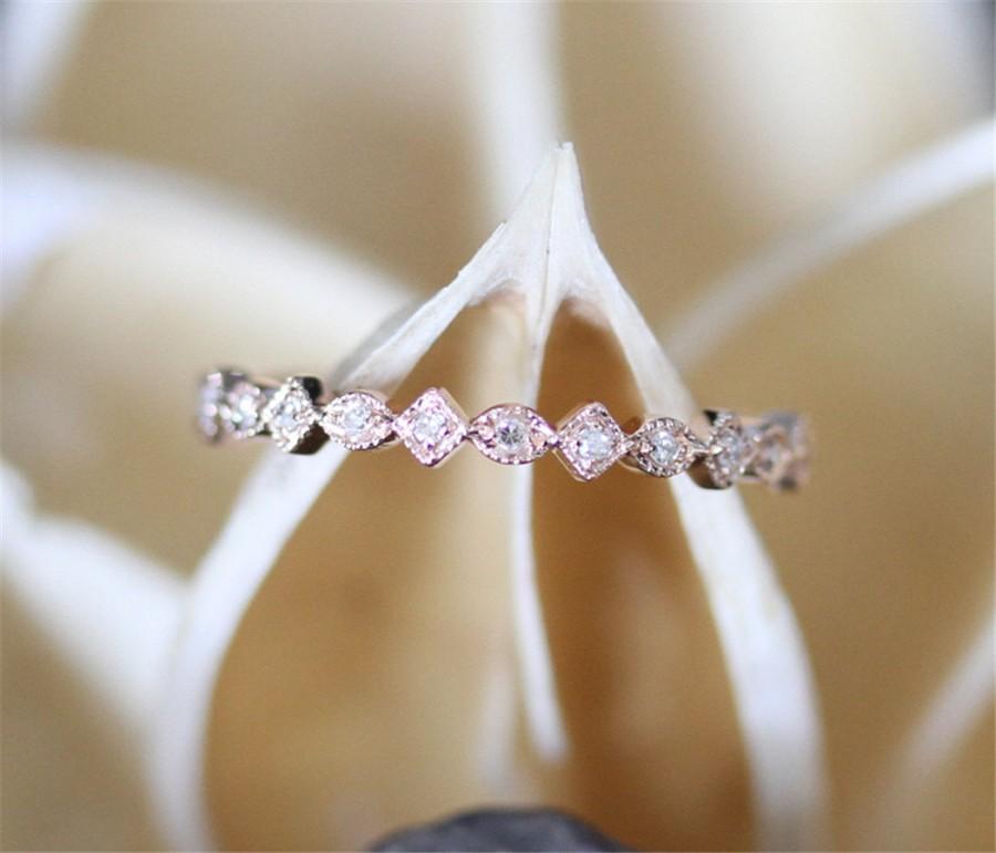 Wedding - Art Deco Diamond Wedding Band,Half Eternity Pave Diamonds Wedding Ring,Milgrain Bezel,Dainty Diamond Ring 14K Rose Gold Ring,Match Ring