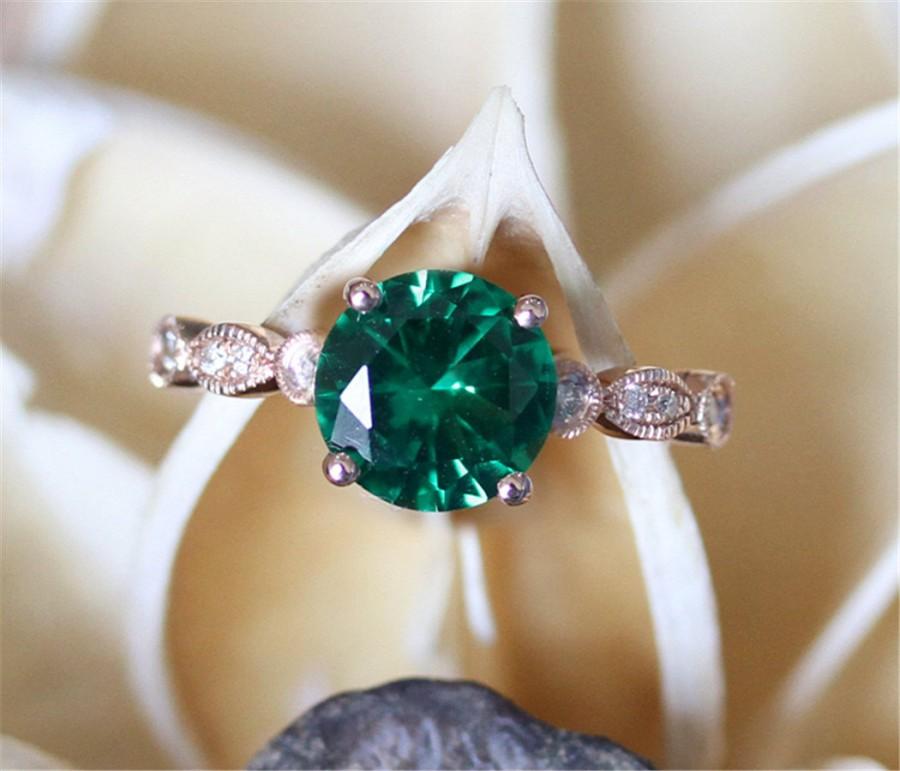 زفاف - Art Deco Emerald Ring,7mm Round Cut Man Made Emerald Engagement Ring,Half Eternity Pave Diamonds 14K Rose Gold Engagement Ring,Gemstone Ring