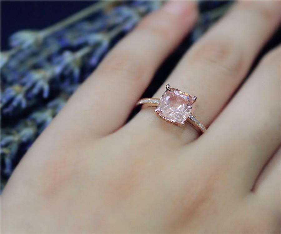 Mariage - 8mm Cushion Cut Natural VS Morganite Ring Solid 14K Rose Gold Ring Diamonds Ring Wedding Ring Promise Ring Anniversary Ring Engagement Ring
