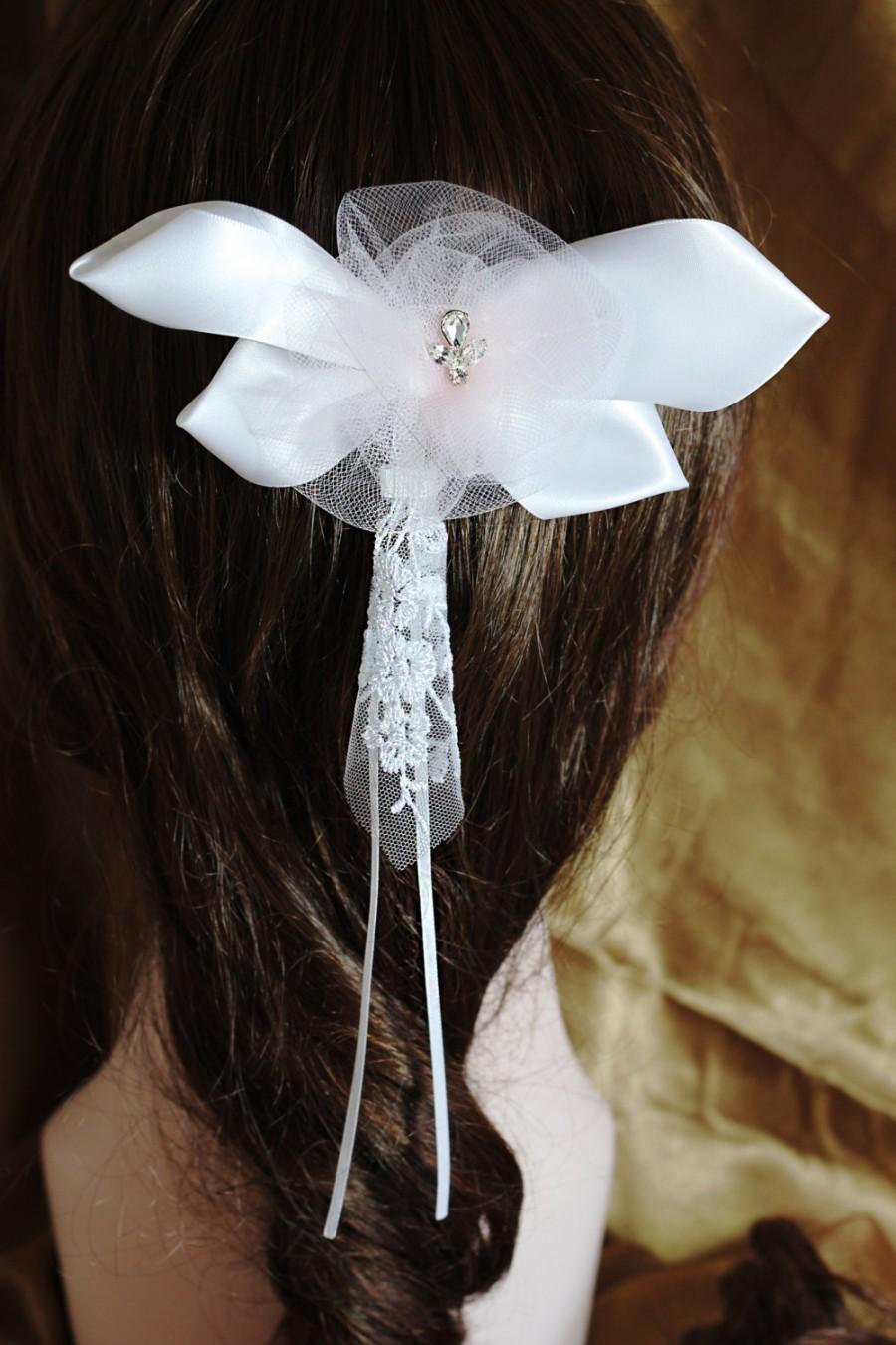 Hochzeit - B58, Dragonfly Bridal headpiece, wedding headpiece, hair flower, white satin ribbon handmade bridal accessory with rhinestone and lace.