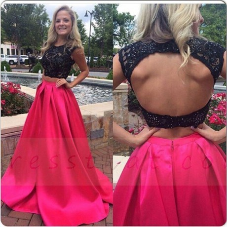 Свадьба - Buy Glamorous Two-Piece Scoop Sweep Train Fuchsia Satin Homecoming Dress with Black Lace Special Occasion Dresses under $169.99 only in Dressthat.