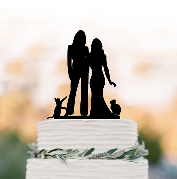 Wedding - Lesbian wedding cake topper with cat. same sex mrs and mrs cake topper, silhouette cake topper, Rustic wedding cake decoration
