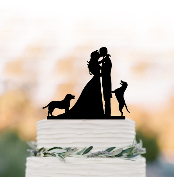 زفاف - Wedding Cake topper with dogs. Funny Cake Topper, bride and groom silhouette cake topper, unique wedding cake top decoration