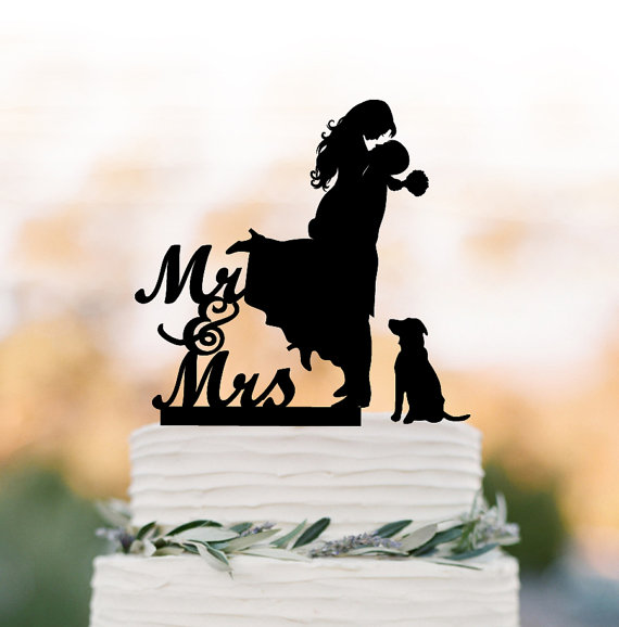 Mariage - Wedding Cake topper with dog. Cake Topper mr and mrs bride and groom silhouette, funny wedding cake topper, unique wedding cake topper