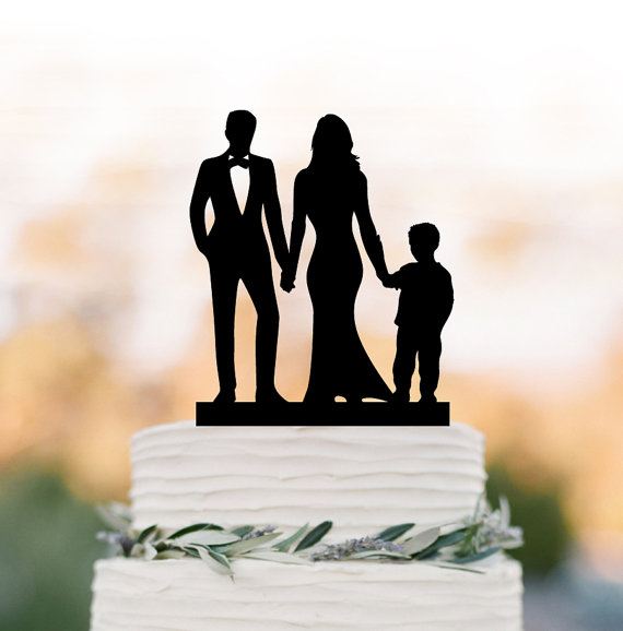 Wedding - Wedding Cake topper with child. Cake Topper with with boy bride and groom silhouette, funny wedding cake topper, unique cake topper
