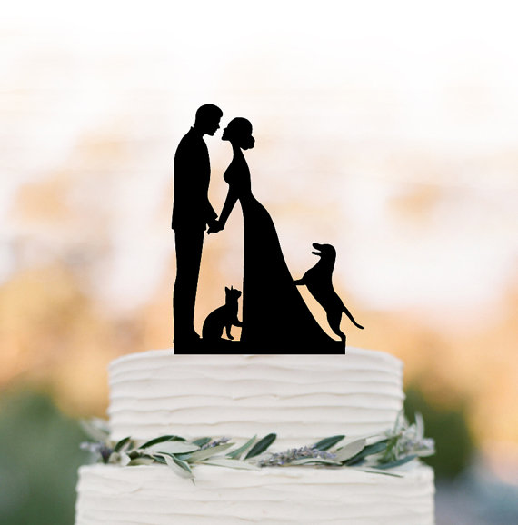 Свадьба - Wedding Cake topper with Cat and with dog. Cake Topper with bride and groom silhouette, funny wedding cake topper, family cake topper