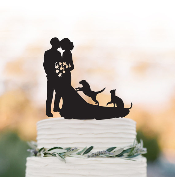 Свадьба - Wedding Cake topper with dog, bride and groom silhouette wedding cake topper with cat, funny wedding cake topper with dog and cat