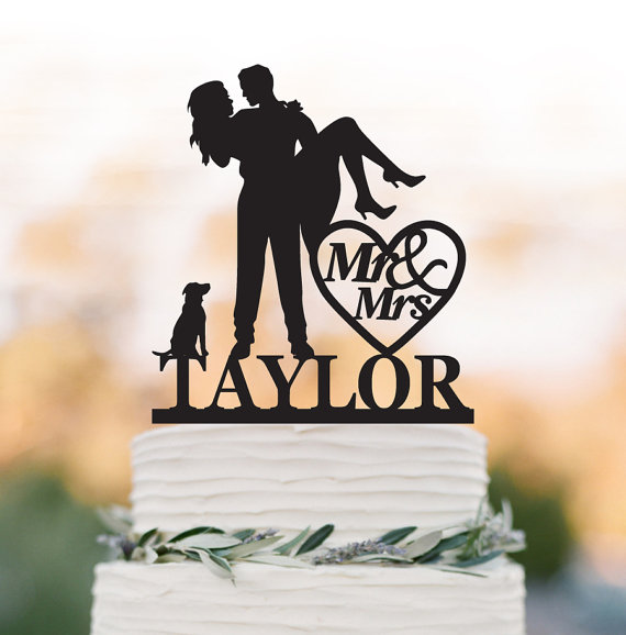 Hochzeit - personalized Wedding Cake topper with dog, Groom Holding Bride cake topper with mr and mrs. cake topper with heart decor, funny cake topper