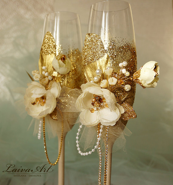 Wedding - Gold and Ivory Wedding Champagne Flutes Wedding Champagne Glasses Toasting Flutes Gold Wedding Gatsby Style Wedding Set of 2