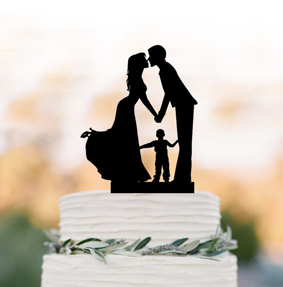 زفاف - Family Wedding Cake topper with boy, wedding cake toppers silhouette, funny wedding cake toppers with child Rustic edding cake topper