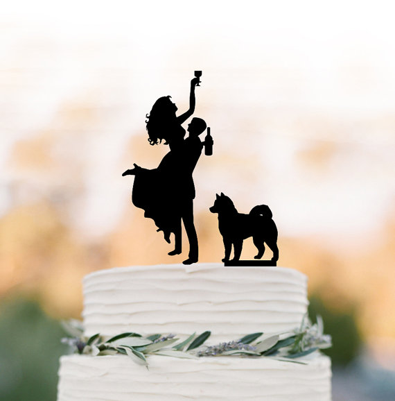 Hochzeit - Drunk Bride Wedding Cake topper dog, Cake Toppers with custom dog bride and groom silhouette, funny wedding cake toppers customized dog