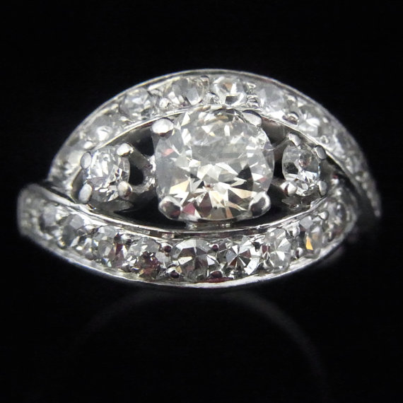 Wedding - Hollywood Glamour Era Old Euro Cut Diamond 14k White Gold Ring Engagement c1930s