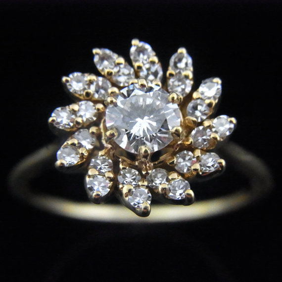 زفاف - Jabel Vintage Diamond 18k Yellow Gold Flower Halo Engagement Ring Floral Estate