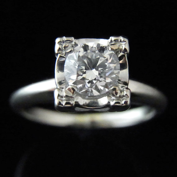 زفاف - GIA Certified Mid Century .62ct D/SI1 Diamond 14k White Gold Engagement Promise Ring