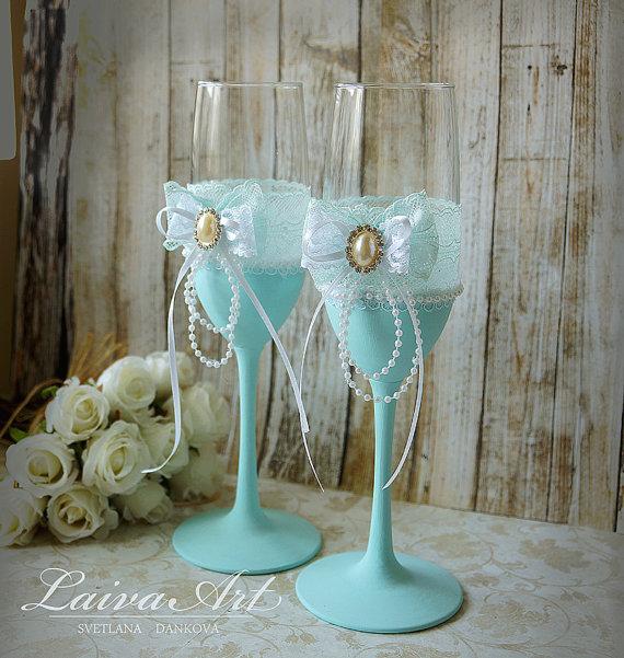 Wedding - Mint Wedding Champagne Flutes Champagne Glasses Mint Wedding Aqua Wedding Turquoise Wedding