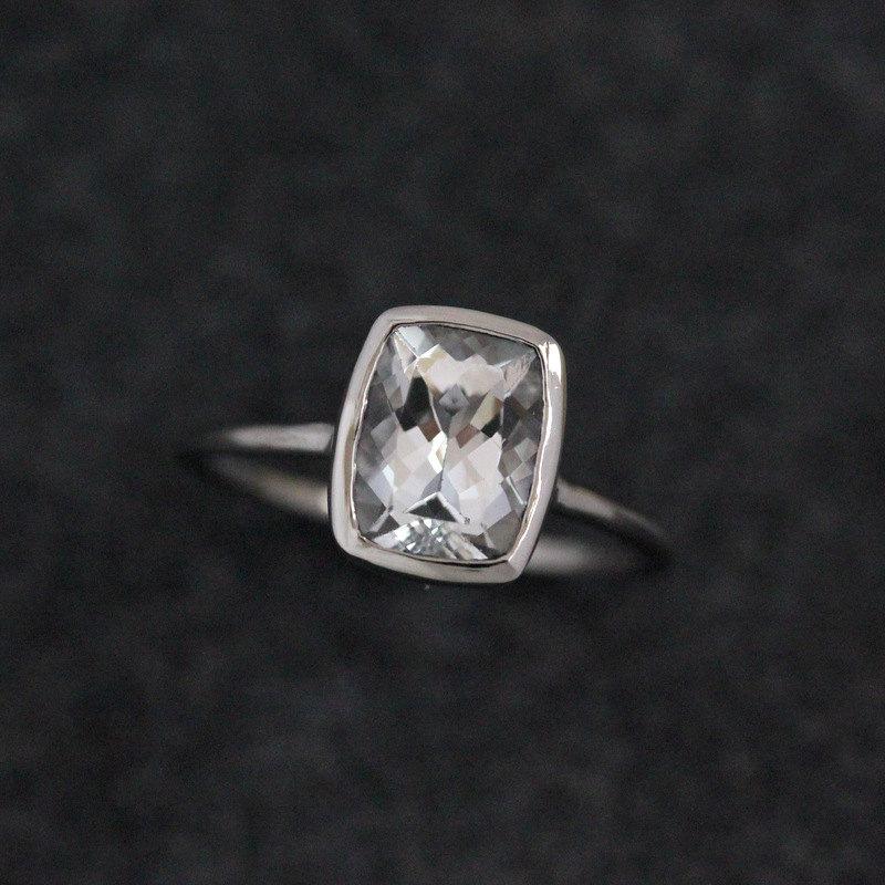 Wedding - White Topaz Ring In Recycled 14k  Palladium White Gold, Cushion Solitaire Engagement Ring, Made To Order
