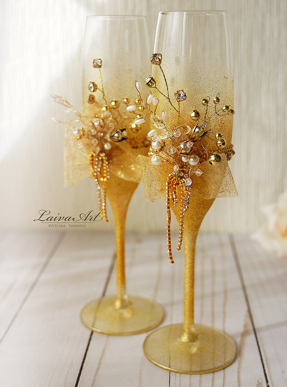 Wedding - Gold Wedding Champagne Flutes Wedding Champagne Glasses White Wedding Decoration