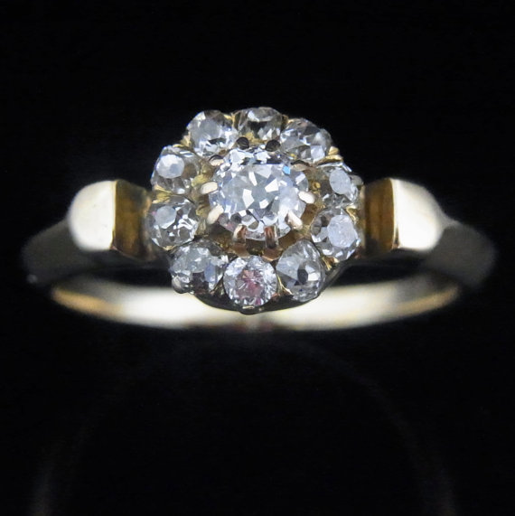 زفاف - Old Mine Cut Diamonds 18k Yellow Gold Ring Halo Flower Engagement Antique c1800s