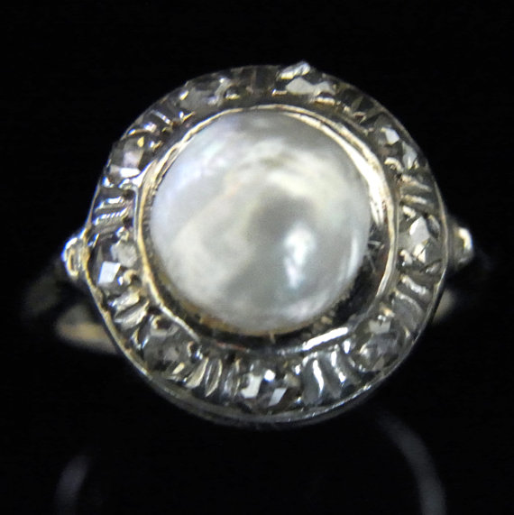 Mariage - Natural Certified Pearl Rose Cut Diamonds 14k White Gold Ring Estate Vintage