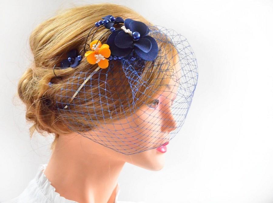 Hochzeit - Navy blue birdcage veil headpiece Birdcage veil headband Bridal veil fascinator Bridal head piece White fascinator Flower headpiece