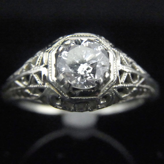 Hochzeit - Vintage 0.60ct Diamond 14k White Gold Art Deco Engagement Ring Estate Vintage