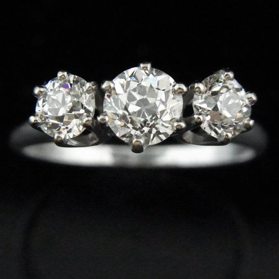 Wedding - Antique 1.4ct Old Euro Cut 3 Diamond 14k White Gold Engagement Ring Certified