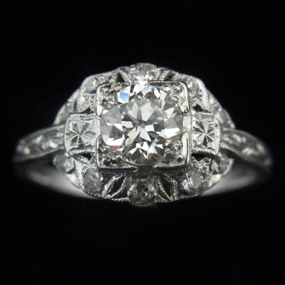 زفاف - Antique Art Deco .92ct Trans Cut Diamond Platinum Engagement Ring c.1930s Certified by GIA