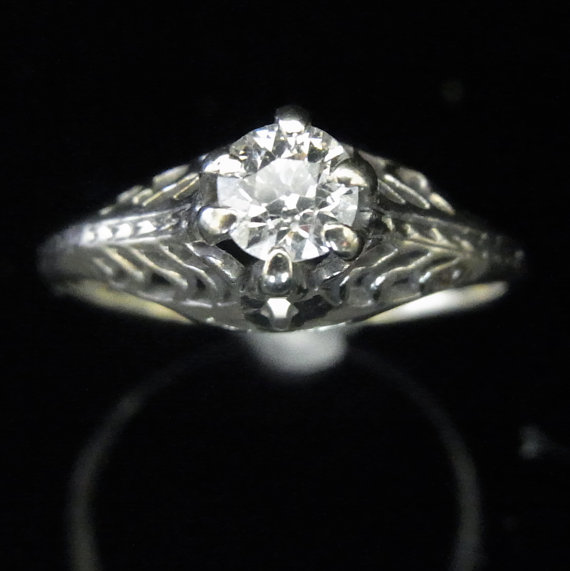Hochzeit - Old European Cut Diamond 14k White Gold Art Deco Ring Engagement Vintage Antique SALE now 699 from 899
