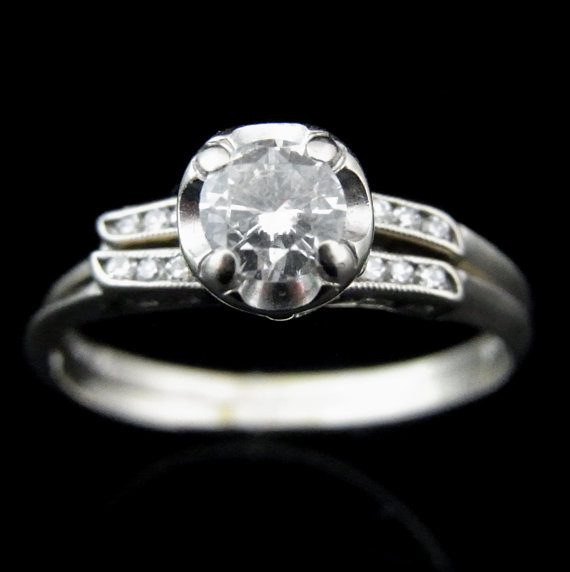 Wedding - Vintage Diamonds 14k White Gold Engagement Ring Wedding Band Set Mid Century