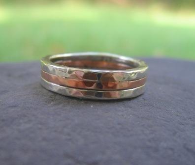 Wedding - mens wedding band . sterling silver and copper . (( Triad Hammered Band )) . made to order