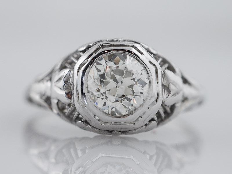 Hochzeit - Antique Engagement Ring Art Deco .78ct Old European Cut Diamond in 18k White Gold