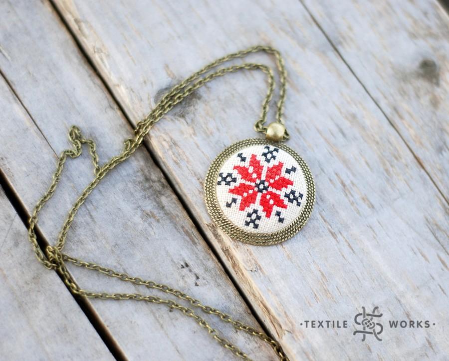 Wedding - Nordic Red Star embroidered pendant on vintage fabric. Cross stitch pendant necklace. Textile jewelry. Ethnic symbol Alatyr. Christmas gift