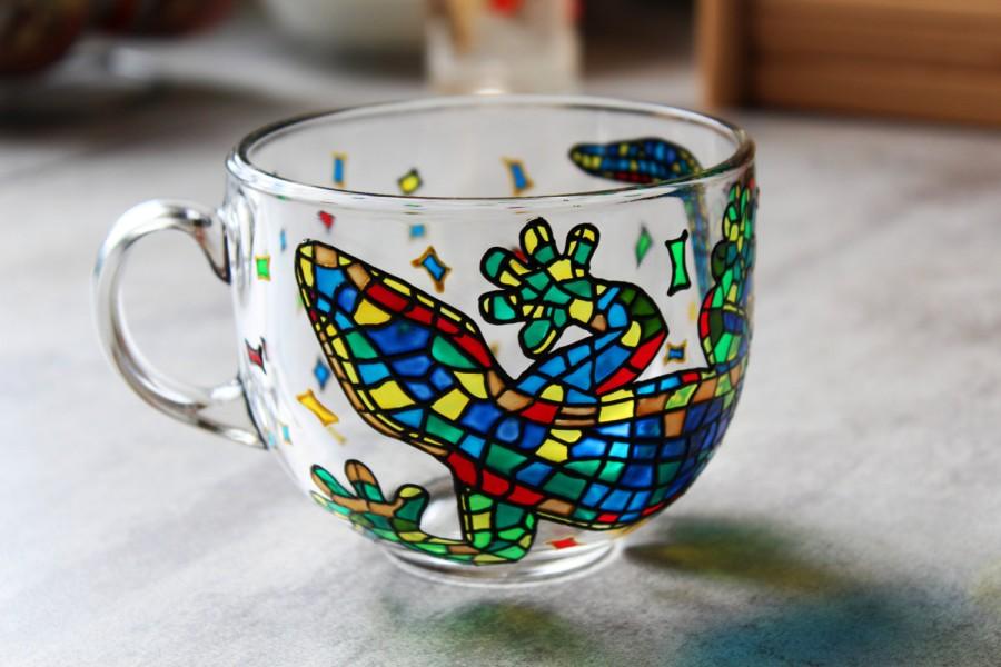 Hochzeit - Big coffee Mug, Painted Large Mug, Colorful lizard Mug, Mosaic Cup, Large Mugs, Bright Mug, MultiColored Mug, Handmade Glass Mug, Large Cup