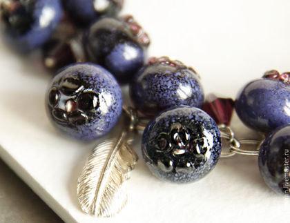زفاف - Blueberry Bracelet, adjustable length, lobster clasp, sculpture bracelet, Nature Necklace, lampwork glass blueberries,  sterling silver
