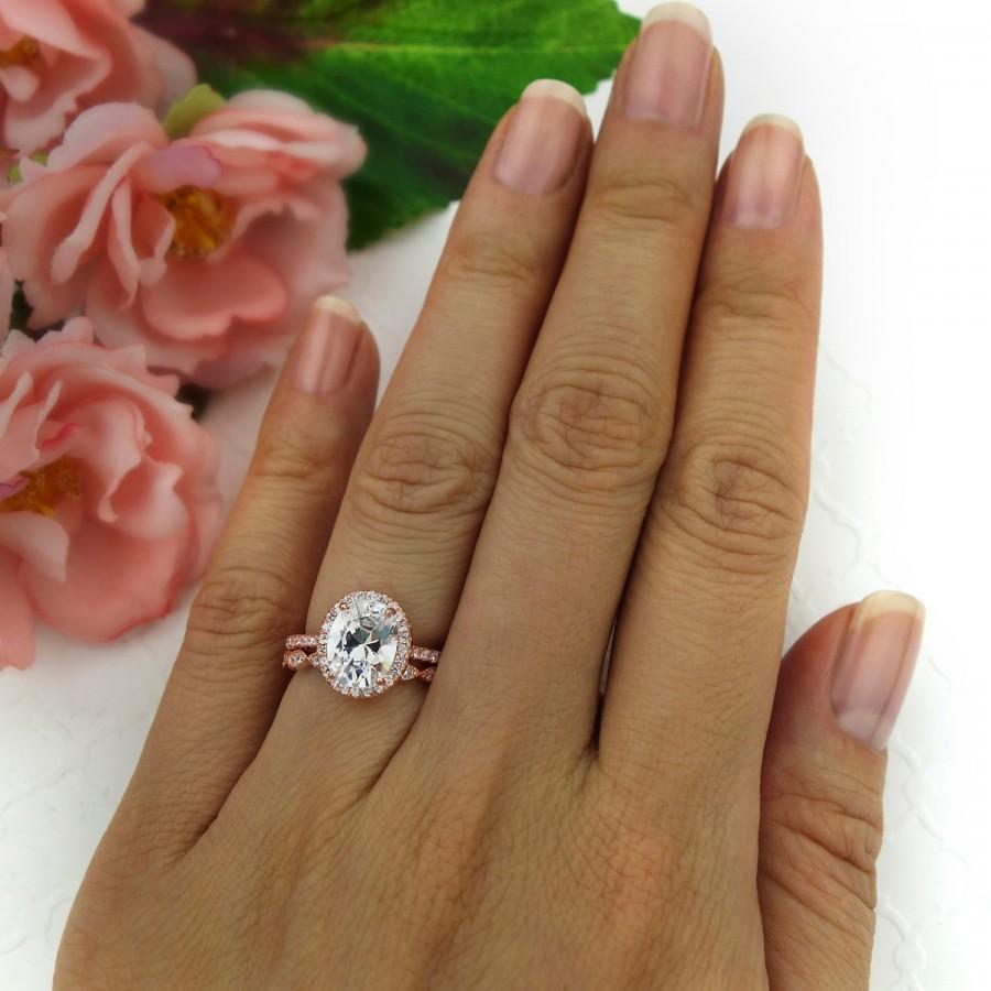 زفاف - 2.25 ctw, Oval Bridal Set, Vintage Style Engagement Ring, Man Made Diamond Simulants, Art Deco Halo Ring, Sterling Silver, Rose Gold Plated